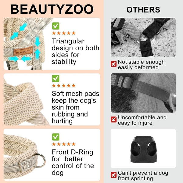 BEAUTYZOO Dog Harness No Pull, Quick Fit Dog Harness and Leash Set, Escape Proof Vest Harness with Soft Handle, Reflective Breathable Mesh Padding Harness for Medium Size Dog Training Walking, Beige M6