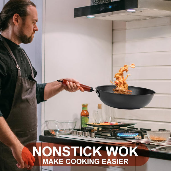 Wok, 13" Carbon Steel Woks & Stir-Fry Pans Nonstick with Glass Lid | Pre-Seasoned Flat Bottom Chinese Wok for Electric, Induction, Gas, All Stoves7