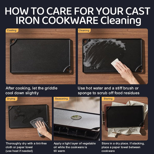 Reversible Grill/Griddle, 16.7X9.5'' Pre-Seasoned Cast Iron Griddle Pan, Double Burner Cookware, Rectangular Stovetop Griddle with Handles, Flat Top Plate for Oven, Grill & Campfire8