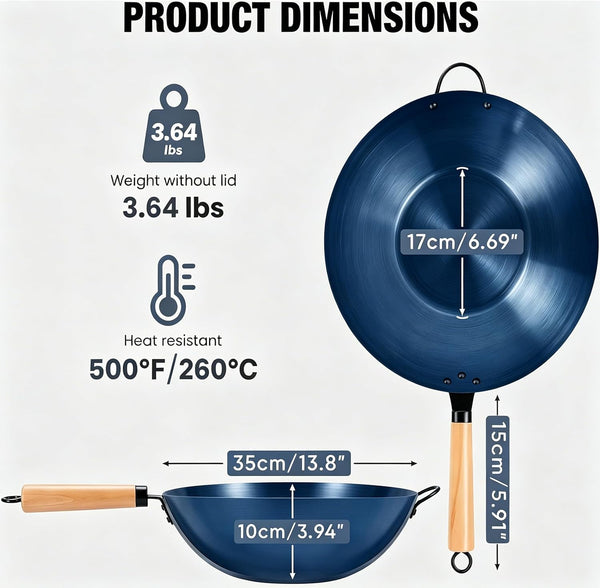 Carbon Steel Wok, 13.5" Woks & Stir-Fry Pans Nonstick, Pre-Seasoned Flat Bottom Wok for BBQ, Grill, Outdoor & Camping, Compatible with Induction, Electric, Gas, Open Fire, Deep Blue4