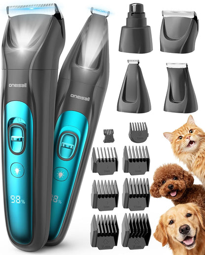 Oneisall Professional 4-In-1 Dog Grooming Kit with LED Light | Quiet Clippers & Nail Grinder, Cordless, 3.7 Hrs Runtime, LED Display, Safe for Paws, Face, Ears & Body1