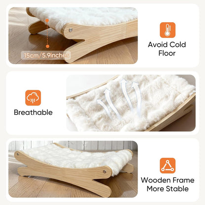 Plush Elevated Cat Bed - Cozy Raised Cat Hammock with Solid Wood Frame, Soft Furry Cushion for Indoor Cats & Small Dogs, Multi-Color Options(White)6