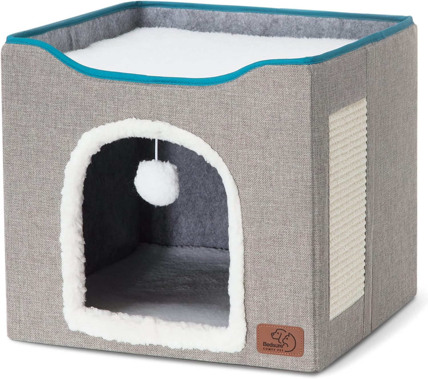 bedsure-cat-house-bed-for-indoor-cats-with-fluffy-ball-and-scratch-pad-grey-16-5x16-5x13-in-large-cat-cave-for-multiple-pets-foldable-cat-hideway-cube-for-sleeping-kitten