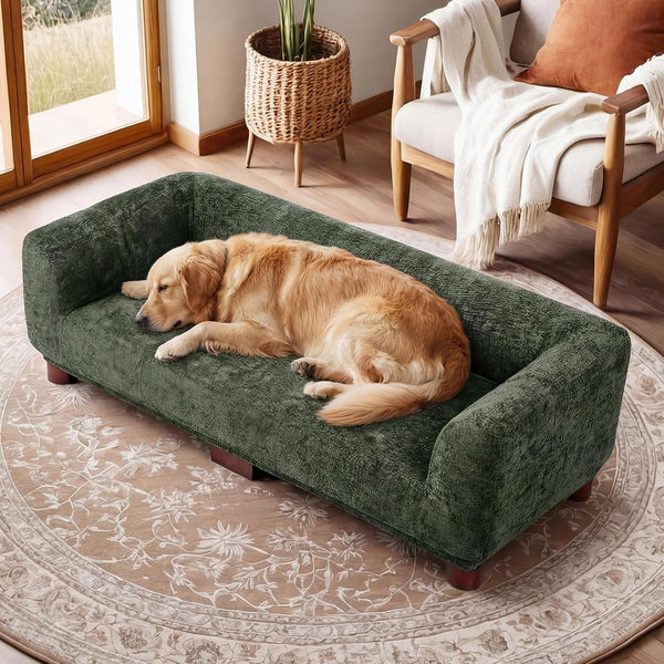 Dog Couch Sofa for Large & Extra Large Dogs, Elevated Pet Bed with Legs, Button Tufted Chenille Dog Couch with Backrest and Armrests, Modern Indoor Dog Furniture(Green, XXL - 55" X 28" X 15")1
