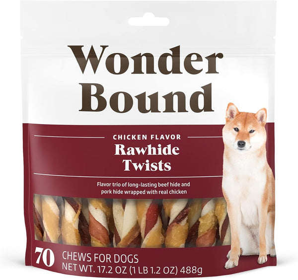 Amazon Brand - Wonder Bound Chicken Flavor Dog Rawhide Twist Sticks, 70 Count, 1.08 Pound (Pack of 1)1