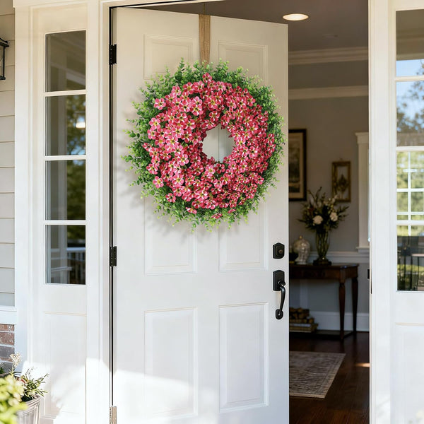 26" Artificial Eucalyptus with Flowers Wreath for Front Door (Rose Red) | Large Faux Eucalyptus & Morning Glory Flowers Wreath,Silk Flowers,For Home Front Porch Farmhouse Spring Summer Outdoor Decor3