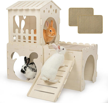 Extra Large Rabbit Castle, Wooden Bunny House &,Detachable Rabbit Hideaway, Indoor Hamster Castle with Ramp, Small Animal Houses & Habitats for Guinea Pig Chinchilla Ferret(3 House)9