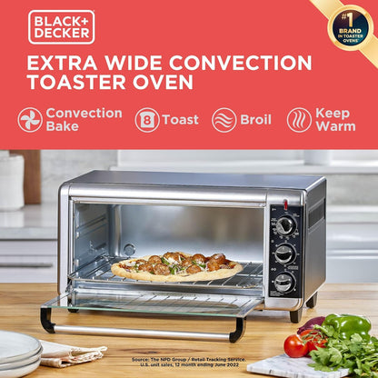 BLACK+DECKER TO3250XSBD 8-Slice Extra Wide Convection Countertop Toaster Oven, Includes Bake Pan, Broil Rack & Toasting Rack, Stainless Steel/Black2