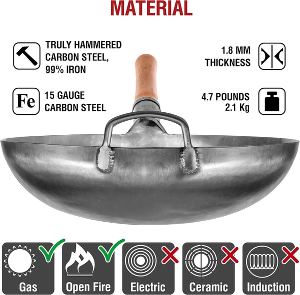 Silver round Bottom Wok 14 In– Stir Fry Pans for Cooking + Premium Wok Cover 14 Inch Pan Lid9