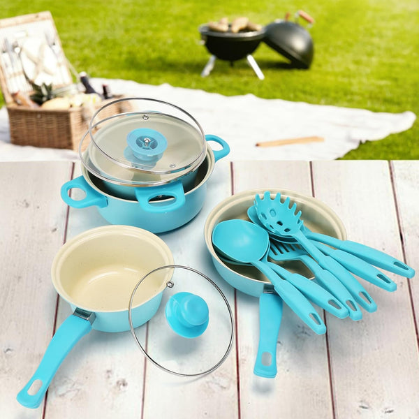 Non-Stick Cookware Set, 13 Piece Set Portable Lightweight Cast Iron Pots and Pans with Glass Lids and Nylon Utensils, Outdoor Camping Picnic Travel4