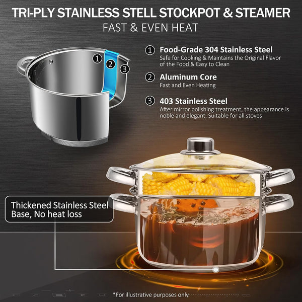 ® 4 Quart 18/10 Stainless Steel Tri-Ply Stockpot and Steamer with Tempered Glass Lid, Multipurpose Steamer Pot Compatible with All Cooktops, Non-Toxic Soup Pot, Oven & Dishwasher Safe (Silver)3