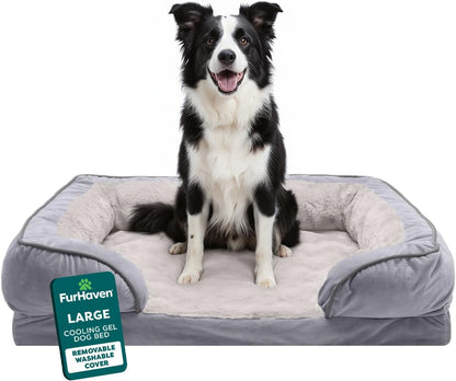 Furhaven Cooling Gel Dog Bed for Large Dogs, Perfect Comfort Sofa Bed with Cool Gel-Top Foam with a Solid Orthopedic Foam Base for Joint Support, Washable Cover, Jumbo XL, Plush & Velvet, Granite Gray10