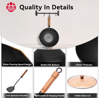 Carbon Steel Wok with Lid, 12.6" Hammered Stir Fry Pan with Helper Handle & Iron Spatula, Thickened Heavy Duty Flat Bottom Wok for Induction, Electric & Gas Stoves, Metal Utensil Safe5