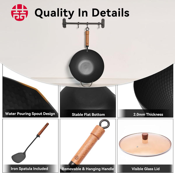 Carbon Steel Wok with Lid, 12.6" Hammered Stir Fry Pan with Helper Handle & Iron Spatula, Thickened Heavy Duty Flat Bottom Wok for Induction, Electric & Gas Stoves, Metal Utensil Safe5