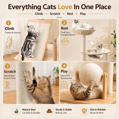 Modern Wooden Cat Tree for Indoor Cats, Furniture Style Cat Tower with Handwoven Basket and Soft Cushion, Acrylic Space Capsule, Sisal Scratching Posts & Interactive Play Ball, 38" Cat Condo5