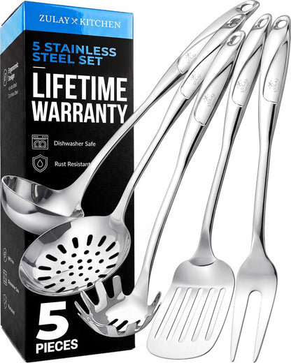 Stainless Steel 5 Piece Cooking Utensil Set | Stainless Steel Kitchen Utensil - Durable Kitchen Gadgets - Metal Kitchen Accessories - Easy to Clean Tools - 5 Piece Set1