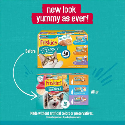 Purina Friskies Wet Cat Food Variety Pack, Tasty Treasures Prime Filets (With Ocean Fish and Tuna, with Chicken and with Turkey) - 5.5 Ounce (Pack of 12)2