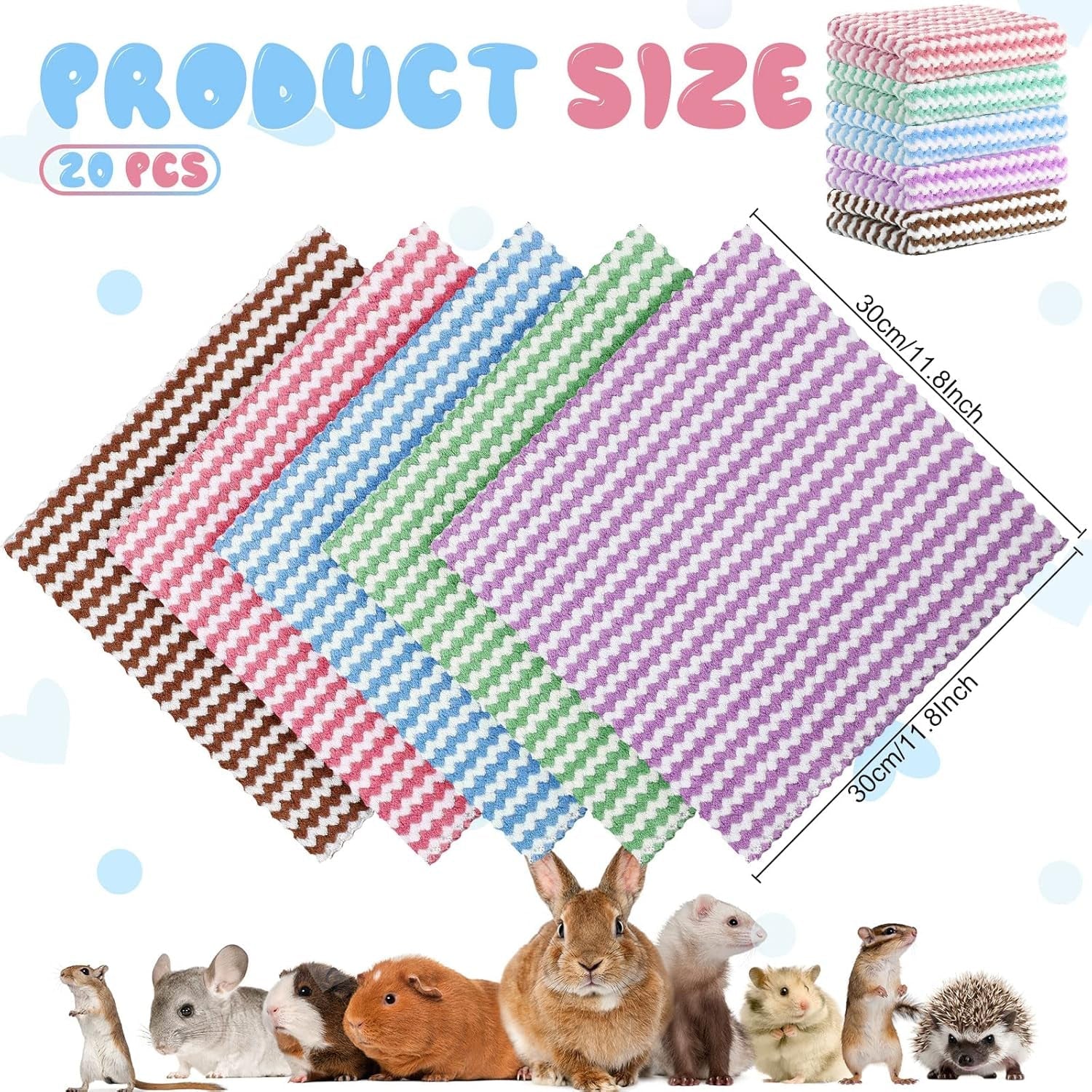 moukeren-20pcs-guinea-pig-fleece-bedding-blankets-bulk-washable-small-animal-fleece-cage-liners-pet-wash-cloth-sleeping-mat-cover-for-hamster-chinchilla-rabbit-hedgehogmulticolor-12-x-12-inch
