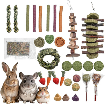 Rabbit Chew Toys, Toys for Guinea Pigs & Hamsters - Natural Chew Sticks & Balls Set for Small Animals, Dental Care Treats for Chinchillas, Bunny - 20+ Toys for Teeth Health (32 Pieces)1