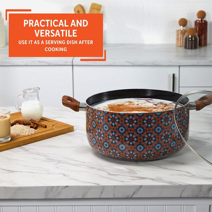 10 Qt Talavera Aluminum Black Ceramic Dutch Oven with Glass Lid | Black Ceramic Nonstick Coating, Woodlook Handles with Glass Lid, Ideal for Rice and Stews, Great for Family Gatherings5