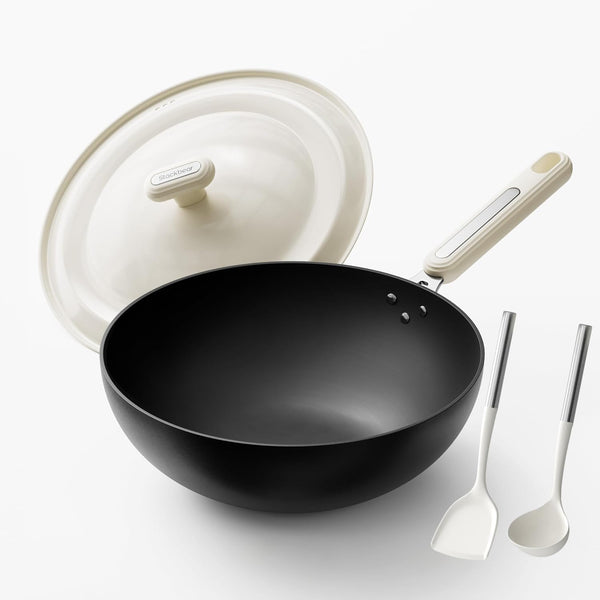 Carbon Steel Wok Pan - 11.8 Inch Pre-Seasoned Flat Bottom Chinese Woks & Stir Fry Pans with Lid, Lightweight Kitchen Cookware for All Stovetops, Gas, Electric, Gift for Women/Mom with Spatula Spoon1