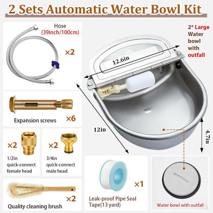 Tessco for You 2 Pack 1.2 Gallon Automatic Horse Water Bowl Large, Stainless Steel Dog Waterer Dispenser with Float Valve, Automatic Animal Waterer for Dog Chicken Pig Cattle Goat Farm, 4.5L/152 Oz3