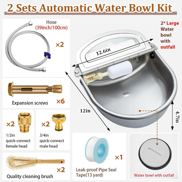 Tessco for You 2 Pack 1.2 Gallon Automatic Horse Water Bowl Large, Stainless Steel Dog Waterer Dispenser with Float Valve, Automatic Animal Waterer for Dog Chicken Pig Cattle Goat Farm, 4.5L/152 Oz3