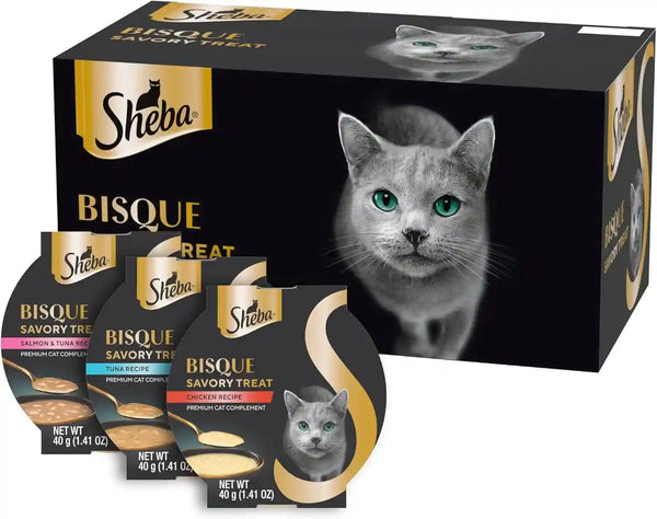 Sheba Bisque Cat Treats & Food Toppers, Variety Pack, 1.4 Oz, 24 Count | Grain-Free, Chicken, Tuna & Salmon Recipes, Low-Calorie, Protein-Rich, Hydration Support, No Artificial Flavors, 1.4 Oz Bowls1
