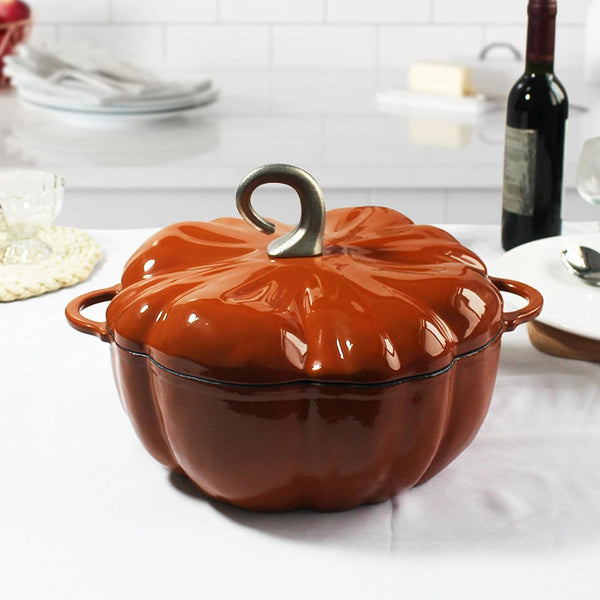 Enameled Cast Iron Dutch Oven, Pumpkin Pot with Lid, 4-Quart Cookware Set, Serves 3-5, Halloween and Thanksgiving Decor Gift, Heavy-Duty Cookware for Braising, Stews, Roasting, Bread Baking, Orange2