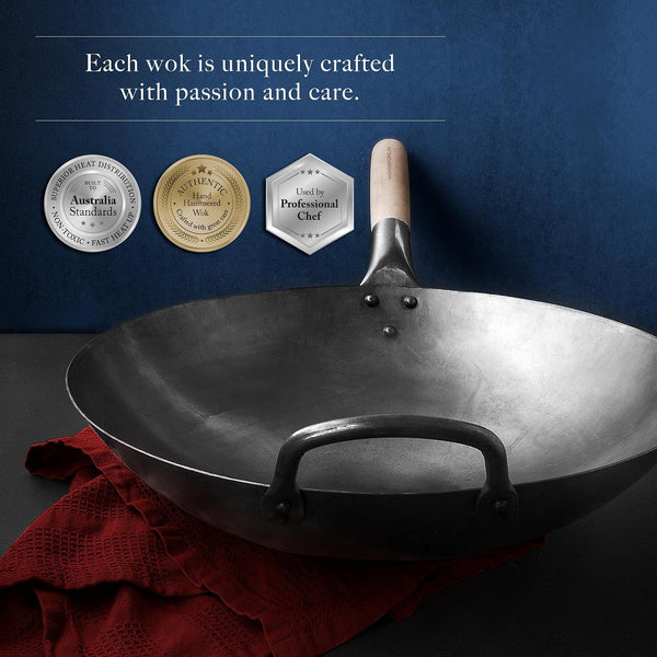 Round Bottom 14-Inch Traditional Carbon Steel Wok Pan - Authentic Hand Hammered Woks and Stir Fry Pans - Pow Wok with No Chemical Coating6