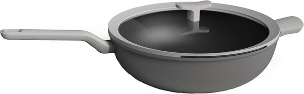 LEO Cast Aluminum Wok, 12.5 Inch 6.2 Qt Nonstick Stir Fry Pan | Induction Grey Wok with Silicone Rim Glass Lid, Stay Cool Handle, Easy Straining Drain Hole & Non Toxic Ferno Green Coating1