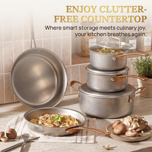 Pots and Pans Set 8 Pcs, Vintage Stainless Steel Cookware Set | Non-Toxic, PFOA/PFOS/PTFE Free, Kitchen Cooking Set with Frying Pans, Saucepans, Oven & Dishwasher Safe, Induction Compatible7