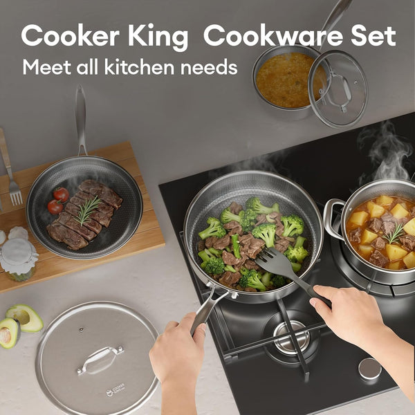 10Pcs Pots and Pans Set Non Stick, Stainless Steel Cookware Set | Hybrid, Non Toxic, Dishwasher and Oven Safe, All Cooktop Compatible, Stay-Cool Handles, PFOA Free9