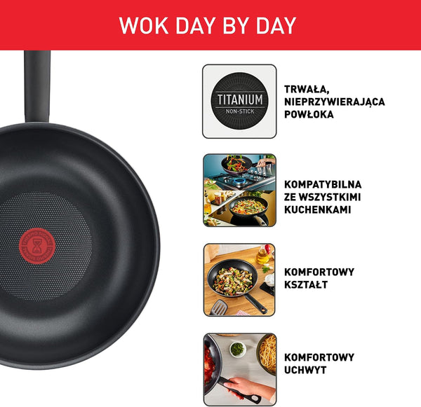 Tefal Day by Day 28 Cm Wok, All Hobs Compatible Expect Induction, Non-Stick Coating, Resistant, Easy to Clean, High Performance, Thermo-Signal, B56419AZ2