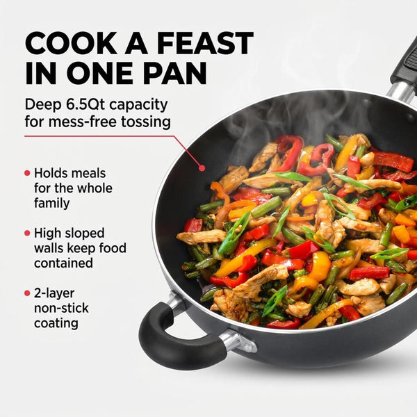 Non-Stick Wok Pan with Tempered Glass Lid, 6.5Qt Deep Cooking Wok, Stay-Cool Bakelite Handle, 30Cm Multipurpose Stir Fry Pan3