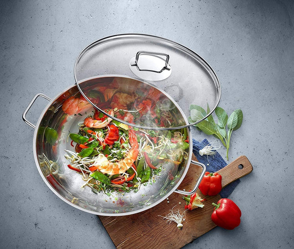 Macao Induction Wok Set, 2 Pieces, Wok Pan 36 Cm with Glass Lid, Polished Cromargan Stainless Steel, Uncoated2
