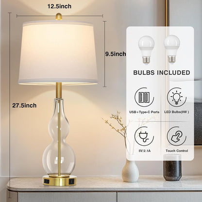 27.5" Clear Glass Table Lamp Set of 2,3-Way Dimmable Touch Control Bedside Lamps with USB Ports and AC Outlet, Modern Nightstand Lamps Gold Lamp for Bedroom Living Room2