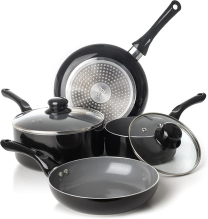 6 Pcs Black Nonstick Cookware Set, Induction Cookware | Pots and Pans Set Non Stick with Glass Lid, Stay-Cool Handle PTFE/PFOA Kitchen Pots 6-Piece with Frying Pans & Saucepan1