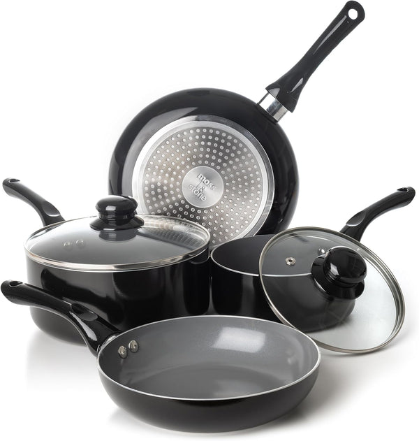 6 Pcs Black Nonstick Cookware Set, Induction Cookware | Pots and Pans Set Non Stick with Glass Lid, Stay-Cool Handle PTFE/PFOA Kitchen Pots 6-Piece with Frying Pans & Saucepan1