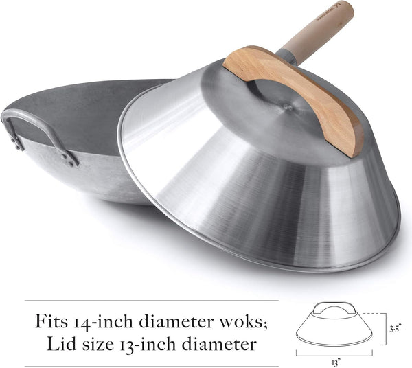 Flat Bottom Wok with Lid, Hand Hammered Carbon Steel Wok Set, 14"6