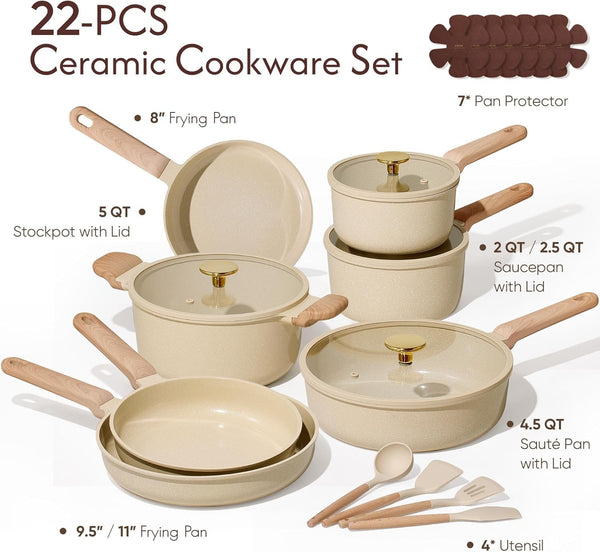 22Pcs Ceramic Cookware Sets, Pots and Pans Set | Non-Toxic Kitchen Cooking Set with Silicone Lids, Easy Clean, Even Heating, Fit All Stovetops, PFAS FREE2