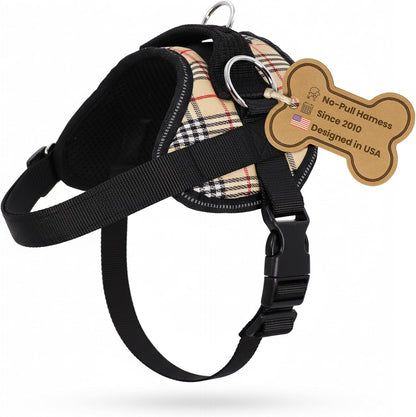Bark Appeal Tan Plaid No-Pull Dog Harness for Extra Small to Small Sized Pets – Adjustable, Reflective Vest with 3 Leash Clips for Added Control, Easy Walks & Training – Small1