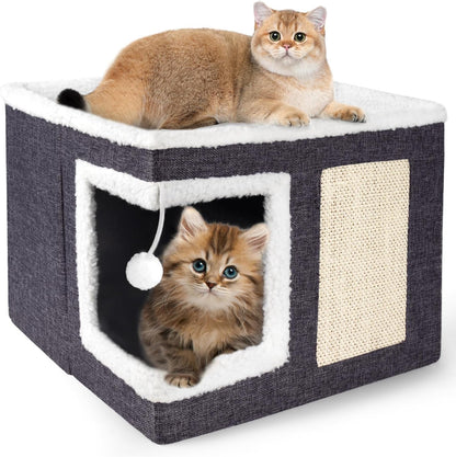 Loyareal Cat Houses for Indoor Cats - Large Cat Bed Cave with Scratch Pad and Fluffy Ball, Foldable Cat Condo Hideaway with Reversible Cushion for Multi Small Pet, Dark Grey1