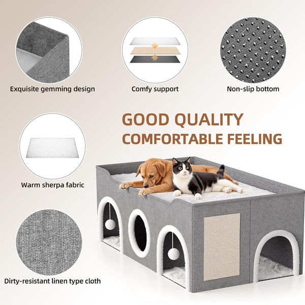 Cat House for Indoor with Fluffy Ball and Scratch Pad | 35” Foldable Cat Bed with Removable Divider,3 Separate Cat Cave for Multi Cats Puppy Family3