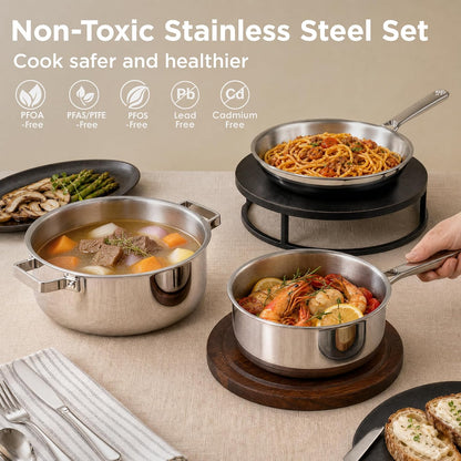Tri-Ply Stainless Steel Cookware Set, 10Pcs Pots and Pans Set Non Toxic | PFOA Free, Oven Safe to 900℉, Dishwasher Safe, All Cooktop Compatible2