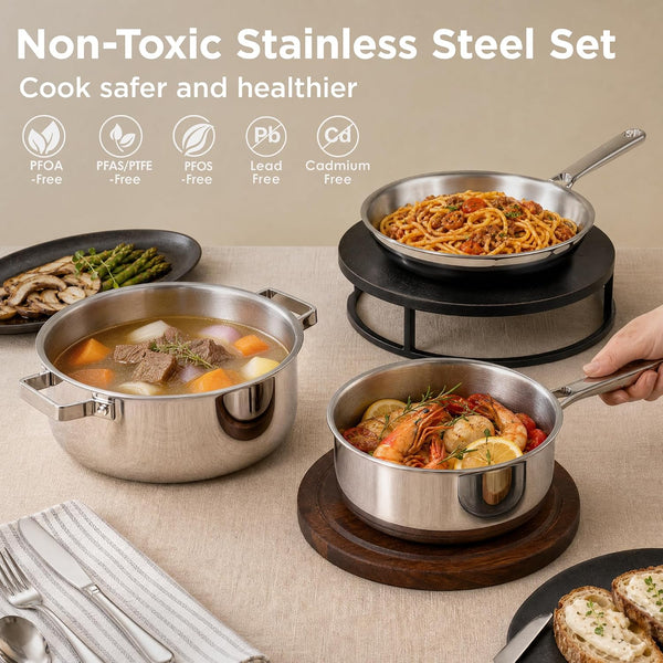 Tri-Ply Stainless Steel Cookware Set, 10Pcs Pots and Pans Set Non Toxic | PFOA Free, Oven Safe to 900℉, Dishwasher Safe, All Cooktop Compatible2