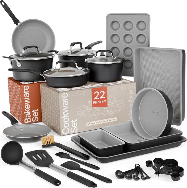 Pots and Pans Set, 22-Piece Non Stick Cookware & Bakeware Sets with Plaid Pattern, Stackable Design, Dishwasher Safe, Stain-Resistant, Oven & All-Stove Safe, Tempered Glass Lid, Black1