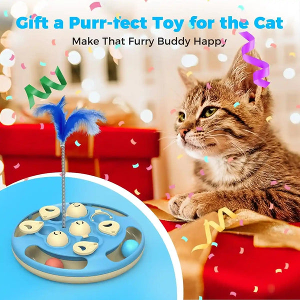 3 in 1 Cat Treat Puzzle Feeder, Level 3 Interactive Cat Puzzle Toy with Track Balls, Feather Teaser & Slow Feeder Insert, Non-Slip Base, Mental Stimulation for Bored Indoor Cats, Blue7