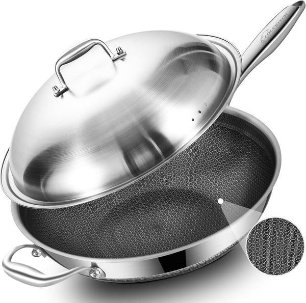 Hybird Nonstick Wok Pan with Steel Lid | 14.5-Inch | Detachable Handle | Non Toxic | Tri-Ply Stainless Steel | Ceramic Coating | Stir Fry Pan | Induction Compatible | Dishwasher & Oven Safe1