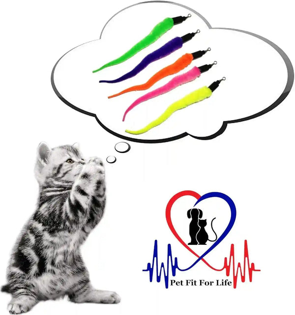 Pet Fit for Life 5 Piece Replacement Pack of Worms for Cat and Kitten Toy | Replacement for Interactive Wand & Catch Wand with 5 Assorted Soft Squiggly Worm Attachments. Easy Storage after Play.6